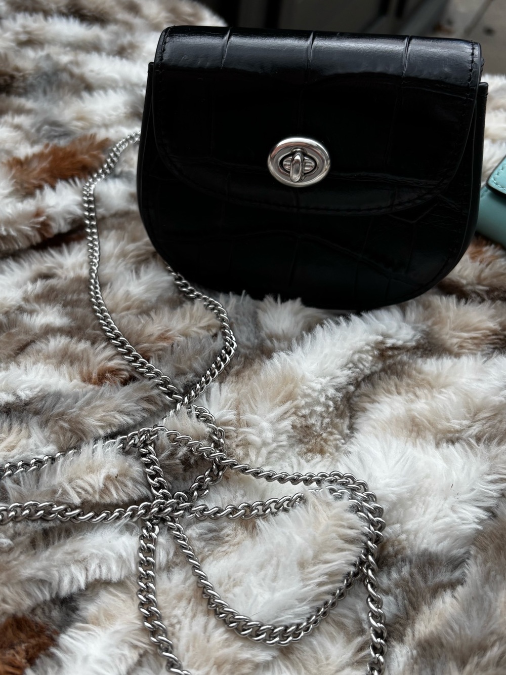 Coach Black Croc-Embossed Leather Crossbody Bag with Silver Chain